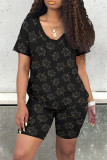 Casual Print Patchwork V Neck Short Sleeve Two Pieces