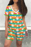 Casual Print Patchwork V Neck Short Sleeve Two Pieces