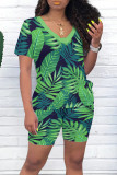 Casual Print Patchwork V Neck Short Sleeve Two Pieces