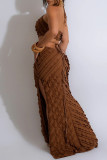Sexy Solid Bandage Hollowed Out Patchwork Backless High Opening Halter Long Dresses