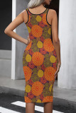 Vintage Print Patchwork U Neck Wrapped Skirt Dresses
