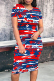 Street Print Patchwork O Neck Wrapped Skirt Dresses