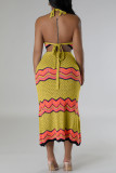 Sweet Striped Bandage Hollowed Out Patchwork Backless Halter Sleeveless Two Pieces