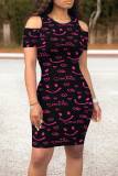 Elegant Print Hollowed Out Patchwork O Neck Wrapped Skirt Dresses