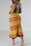 Sweet Striped Bandage Hollowed Out Patchwork Backless Halter Sleeveless Two Pieces