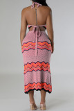 Sweet Striped Bandage Hollowed Out Patchwork Backless Halter Sleeveless Two Pieces