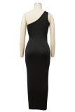 Elegant Solid Hollowed Out Patchwork Backless Asymmetrical Collar Long Dresses