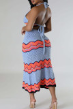 Sweet Striped Bandage Hollowed Out Patchwork Backless Halter Sleeveless Two Pieces