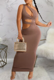 Elegant Solid Hollowed Out Patchwork Backless Asymmetrical Collar Long Dresses