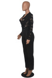 Casual Solid Lace Patchwork See-through With Belt Zipper V Neck Regular Jumpsuits