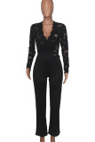 Casual Solid Lace Patchwork See-through With Belt Zipper V Neck Regular Jumpsuits