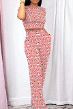 Casual Print Patchwork O Neck Short Sleeve Two Pieces