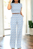 Casual Print Patchwork O Neck Short Sleeve Two Pieces