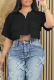 Casual Solid Patchwork Pocket Buckle Shirt Collar Tops