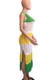 Elegant Color Block Hollowed Out Patchwork Slit O Neck Long Dresses