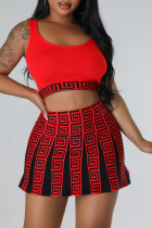 Sweet Print Patchwork U Neck Sleeveless Two Pieces