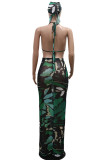 Casual Print Bandage Patchwork Backless Halter Sleeveless Three Pieces(With A Hat)