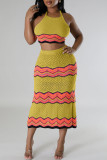 Sweet Striped Bandage Hollowed Out Patchwork Backless Halter Sleeveless Two Pieces