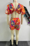 Casual Sweet Street Daily Elegant Vacation Mixed Printing Printing Contrast V Neck Regular Jumpsuits