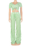 Sweet Striped Patchwork Fold V Neck Short Sleeve Two Pieces