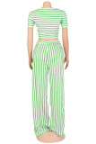 Sweet Striped Patchwork Fold V Neck Short Sleeve Two Pieces