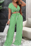 Sweet Striped Patchwork Fold V Neck Short Sleeve Two Pieces