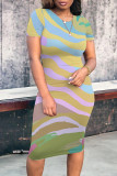 Casual Striped Print Contrast O Neck Short Sleeve Short Sleeve Dress