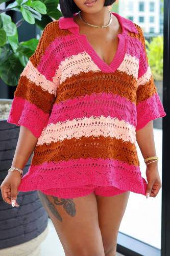 Casual Color Block Hollowed Out Patchwork Weave V Neck Half Sleeve Two Pieces