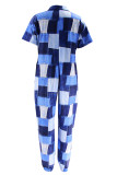 Casual Print Patchwork Pocket Buckle Turndown Collar Loose Jumpsuits