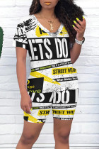 Casual Letter Character Print V Neck Short Sleeve Two Pieces