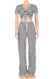 Sweet Striped Patchwork Fold V Neck Short Sleeve Two Pieces