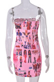 Street Print Hollowed Out Patchwork Slit Strapless Wrapped Skirt Dresses