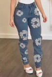 Street Print Patchwork Pocket Buttons Zipper High Waist Regular Denim Jeans