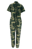 Casual Print Patchwork Pocket Buckle Turndown Collar Loose Jumpsuits