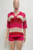 Casual Color Block Hollowed Out Patchwork Weave V Neck Half Sleeve Two Pieces