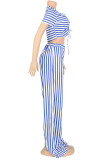 Sweet Striped Patchwork Fold V Neck Short Sleeve Two Pieces