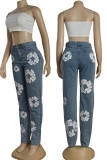 Street Print Patchwork Pocket Buttons Zipper High Waist Regular Denim Jeans