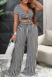 Sweet Striped Patchwork Fold V Neck Short Sleeve Two Pieces