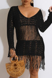 Casual Solid Tassel See-through V Neck Dresses