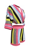 Casual Striped Print Patchwork V Neck Half Sleeve Two Pieces