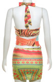 Street Print Bandage Hollowed Out Patchwork Halter Sleeveless Two Pieces