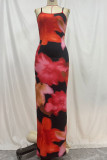 Street Print Patchwork Backless Slit Spaghetti Strap Sling Dresses