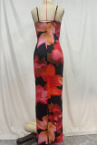 Street Print Patchwork Backless Slit Spaghetti Strap Sling Dresses