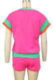 Casual Patchwork Contrast O Neck Short Sleeve Two Pieces