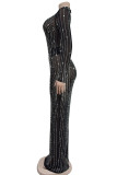 Sexy Tassel Patchwork Backless Slit Hot Drill Zipper Turtleneck Long Dresses