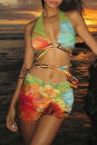 Street Print Bandage Hollowed Out Patchwork Halter Sleeveless Two Pieces