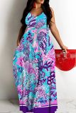 Sexy Print Backless Spaghetti Strap Long Dresses