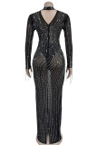 Sexy Tassel Patchwork Backless Slit Hot Drill Zipper Turtleneck Long Dresses