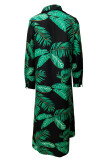 Street Print Patchwork Buttons High Opening Turndown Collar Long Dresses