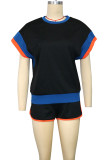 Casual Patchwork Contrast O Neck Short Sleeve Two Pieces